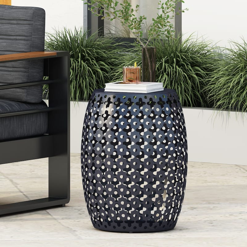 Metal end Table End Table,Round Side Table with Hollow Drum Design,Accent Table for Outdoor and Indoor Use - Blue