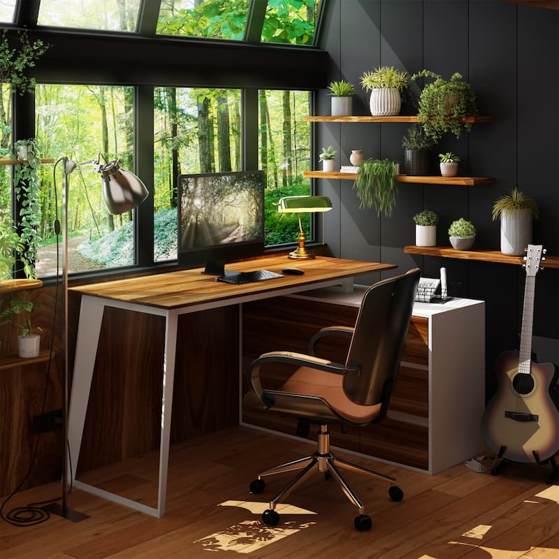 54.3" Kerrogee Office Computer Desk Corner Desk Reversible Cabinet - Oak/White