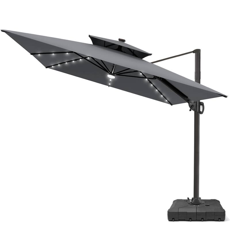 9 X 11 FT Outdoor Patio Cantilever Umbrella with Solar Lights Wheeled Base Double Canopy 360 Rotation Tilt