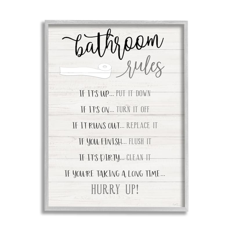 Stupell Bathroom Rules Toilet Paper Sign Country Plank Pattern Framed Wall Art - Black - 16 x 20 - Grey