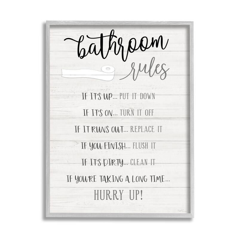 Stupell Bathroom Rules Toilet Paper Sign Country Plank Pattern Framed Wall Art - Black - 24 x 30 - Grey