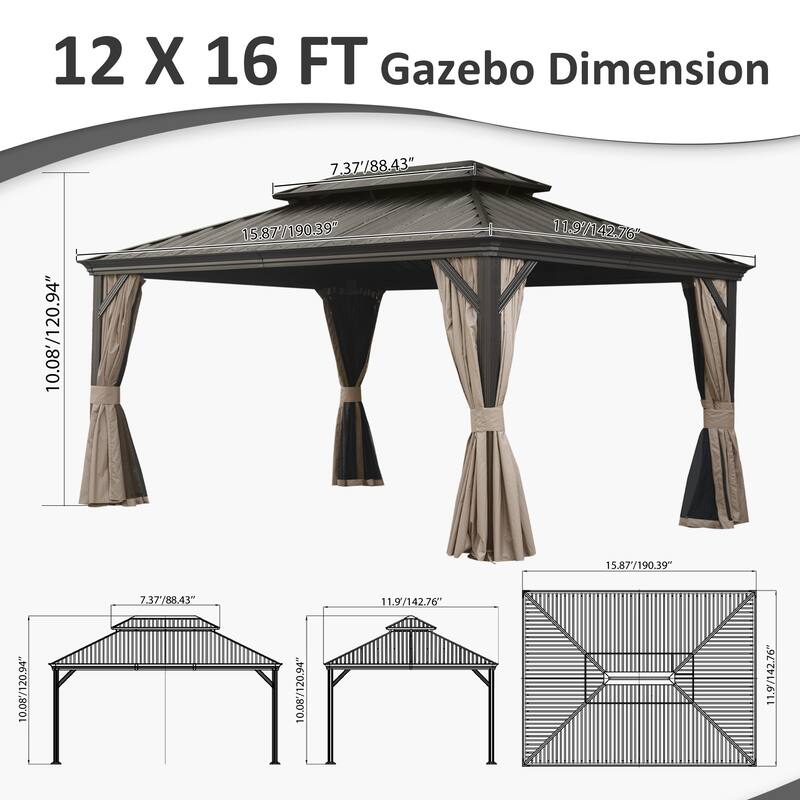 12' X 16' Hardtop Gazebo with Drainage System, Galvanized Steel Roof, Curtains, and Netting for Outdoor Use