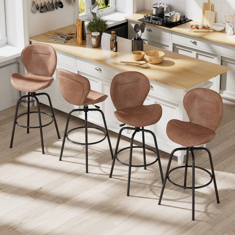 Javlergo 2/4 Pack Bar Stools Brown Mid Century Modern PU Leather 360° Swivel & Ring Footrest Kitchen Island Barstools