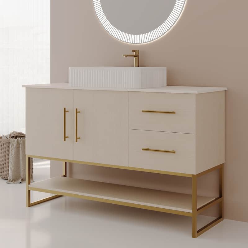 GDFStudio - Modern 47.2" Freestanding Wood Bathroom Vanity with Ceramic Vessel Sink, Gold Accent & Soft-Close Drawers
