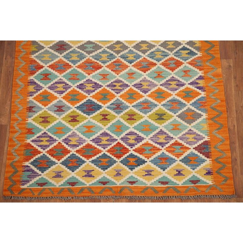 Hand Woven Oriental 100% Wool Carpet Southwestern Geometric Multi-Colored Kilim Area Rug - 6' 2'' X 4' 11''