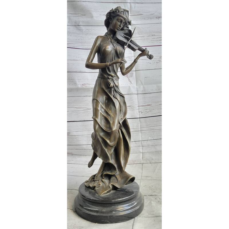 Female Violinist Violin Player Musician Bronze Sculpture Statue Figure On Marble Base