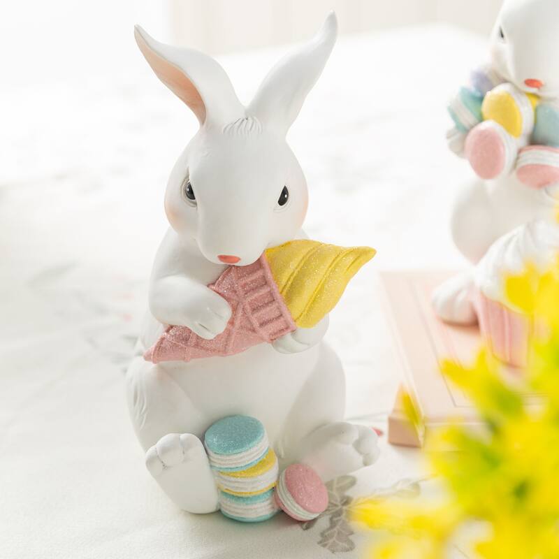 Glitzhome Easter Resin Bunny Holding Macaron Table Decor Stacked Rabbit Figurine