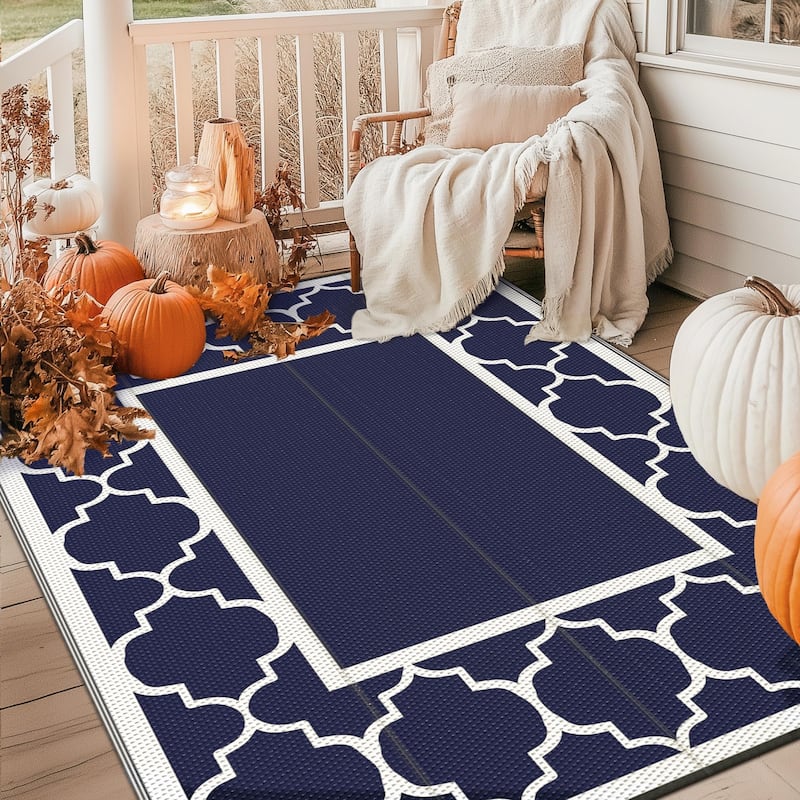 Reversible Dark Tone Geometric Flat-Weave Recyclable Outdoor Rug