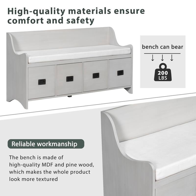 Movable Cushion Storage Bench with Drawers and Backrest Bed Bath