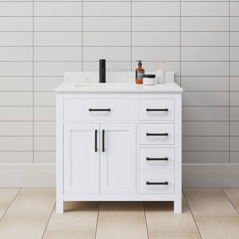Wyndham Collection WCG242436S-UNSMXX Beckett 36" Free Standing Single - White / Carrara Cultured Marble Top / Matte Black