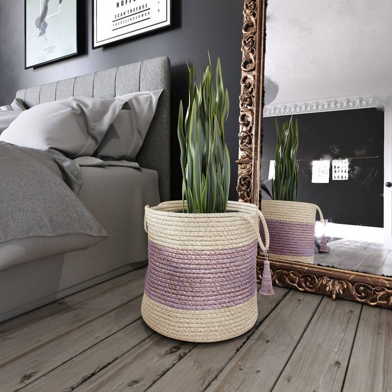 Sevita Bold Striped Off-White Jute Decorative Storage Basket with Handles