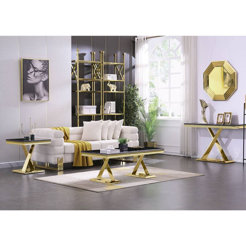 Modern Rectangular Coffee Table with Metal X Cross Base for Living Room