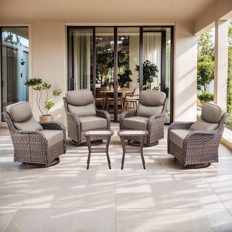 Gymojoy 6-Piece Patio Furniture Set with Swivel Glider Chairs, 6-Inch Ultra-Plush Cushions & Water-Resistant Olefin Fabric - Brown Wicker / Grey Cusion - 6-Piece