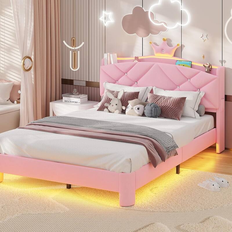 Princess Upholstered Bed with Headboard Charging Station Crystal Button Crown