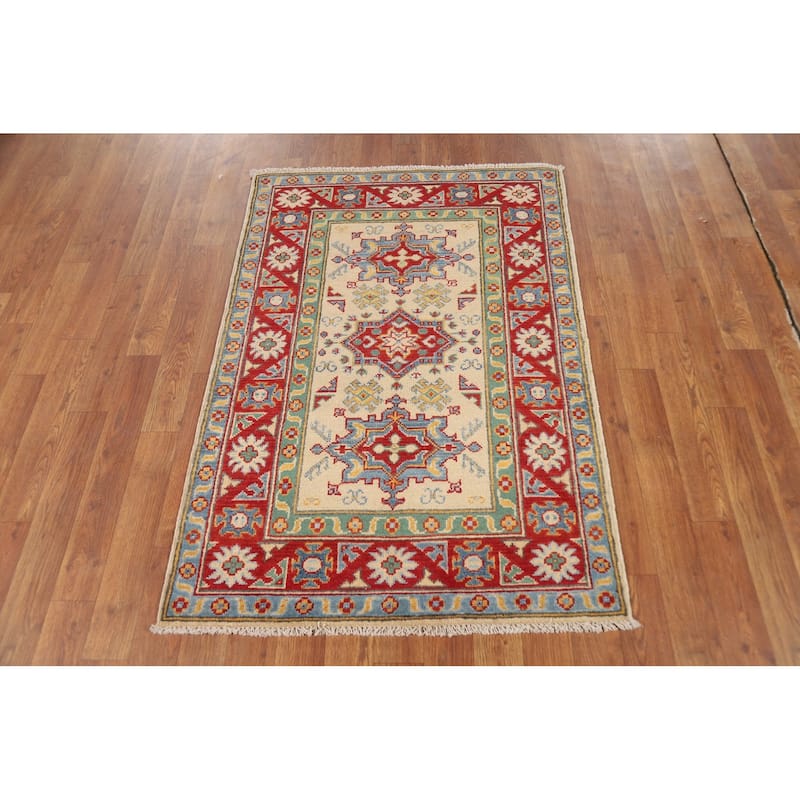 Geometric Kazak Foyer Rug Hand-Knotted Beige Wool Carpet - 2'9"x 3'11"