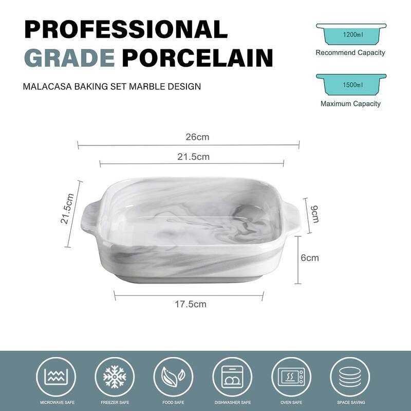 MALACASA Marble Grey Porcelain Baking Pan with Handles