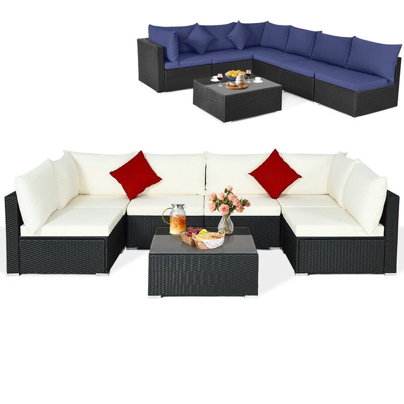 Costway 7PCS Patio Rattan Furniture Set Sectional Sofas Off White & - See Details