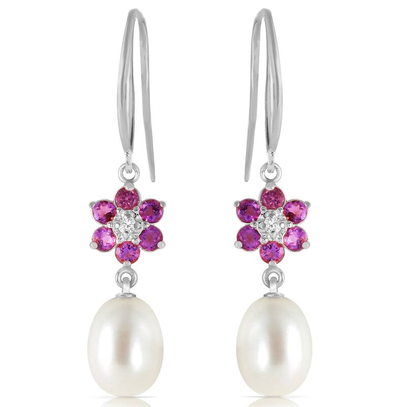 14K Solid Gold Fish Hook Earrings w/ Diamonds, Amethysts & Pearls