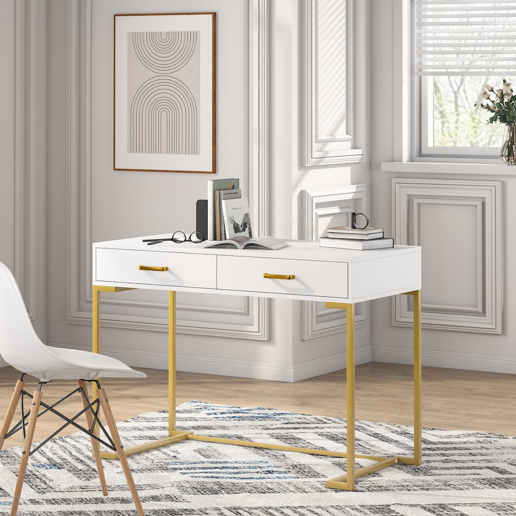 Modern Computer Desk / Writing Desk with 2 Drawers for Bedroom, Home Office