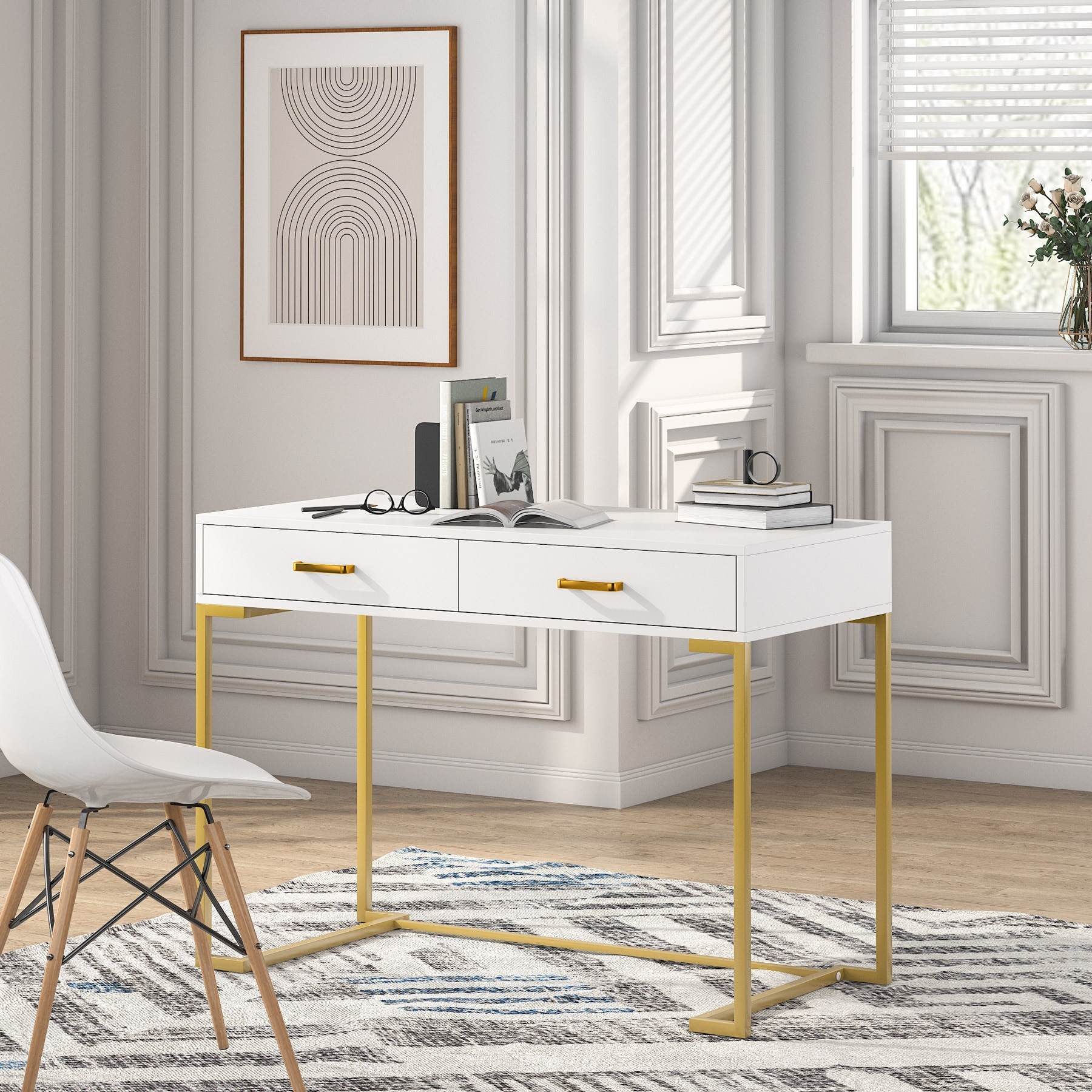 Modern Computer Desk / Writing Desk with 2 Drawers for Bedroom, Home Office