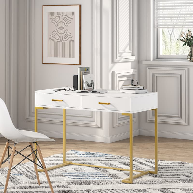 Modern Computer Desk with 2 Drawers, 39.4" Modern Simple White and Gold Writing Desk with Storage Drawers - White/Gold