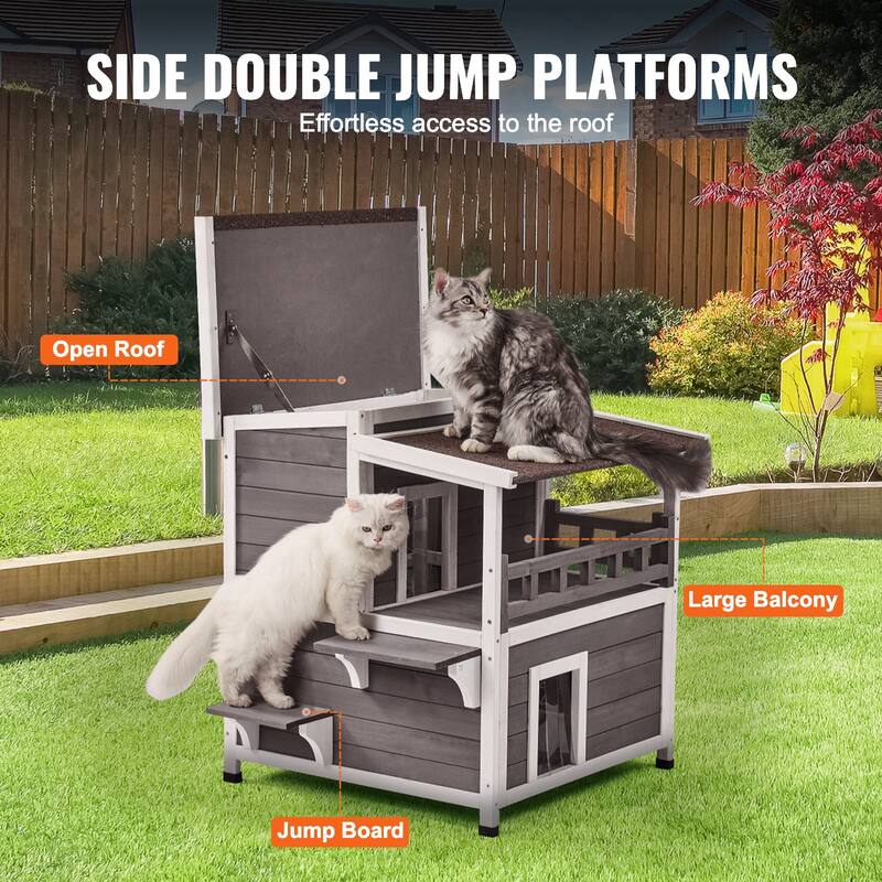 Grey Wooden Outdoor Double Layer Cat House with Jumping Platform and Asphalt Roof - 30” x 30” x 32”