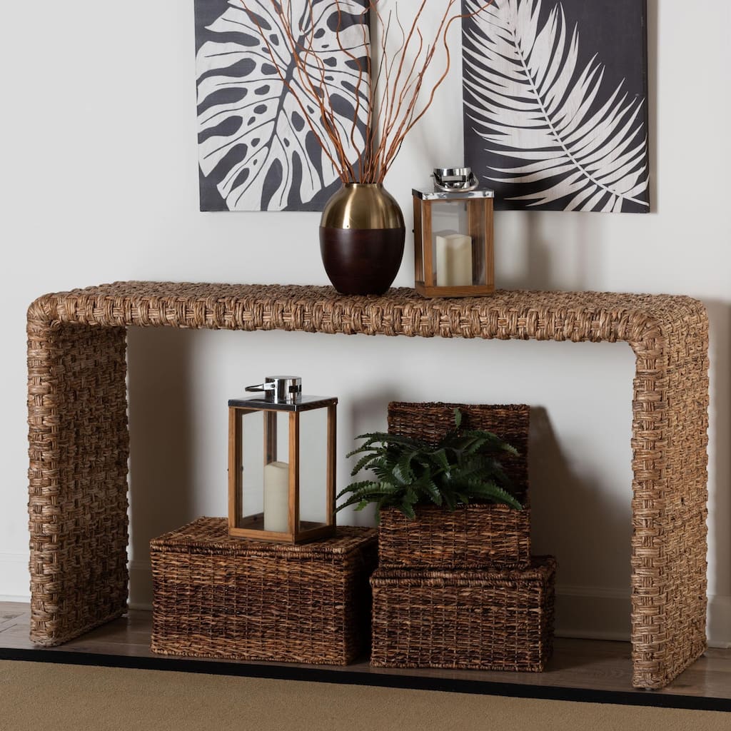 Alda Handwoven Seagrass Console Table - Rustic Wicker Waterfall Accent Table for Living Room, Hallway, or Entryway