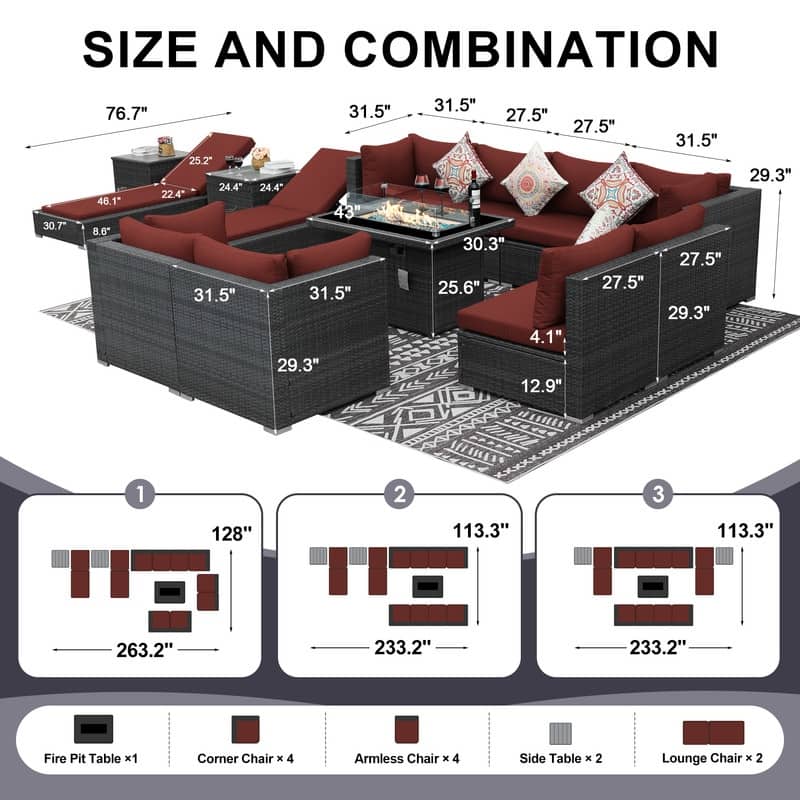 FINCATI 13 Pcs Patio Outdoor Wicker Furniture Sectional Sofa Set with Lounge Chair