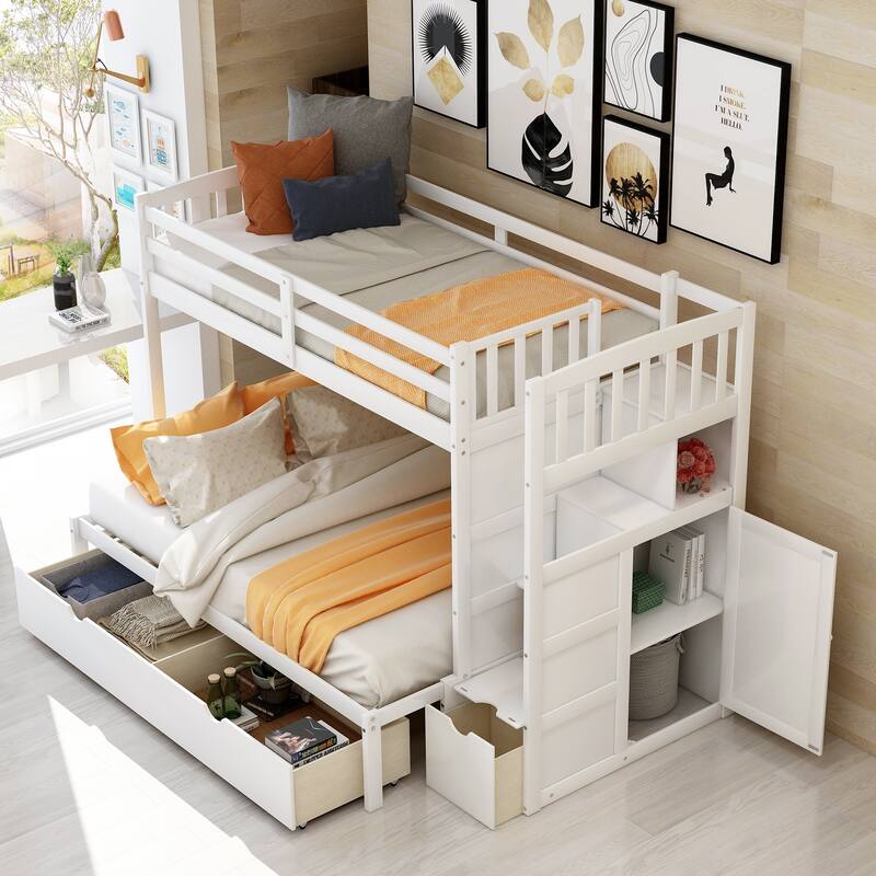 Convertible Twin over Full Bunk Bed with Storage Drawers, Shelves and Safety Rails, White