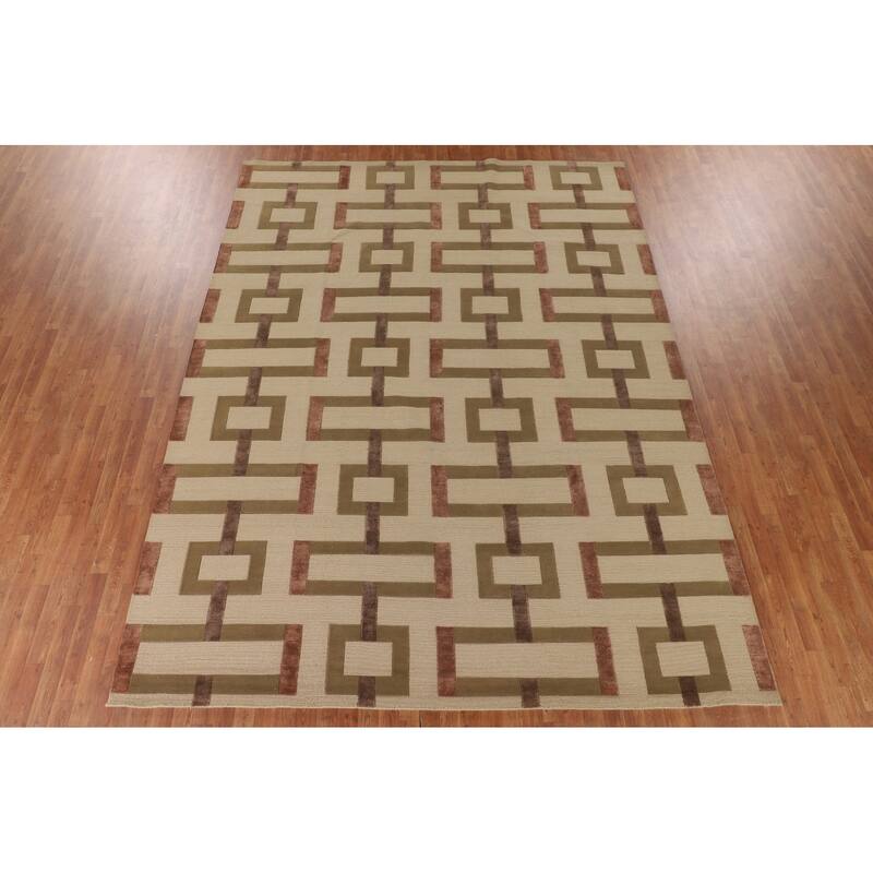 Geometric Beige Nepalese Oriental Area Rug Hand-Knotted Wool Carpet - 9'1" x 12'1"