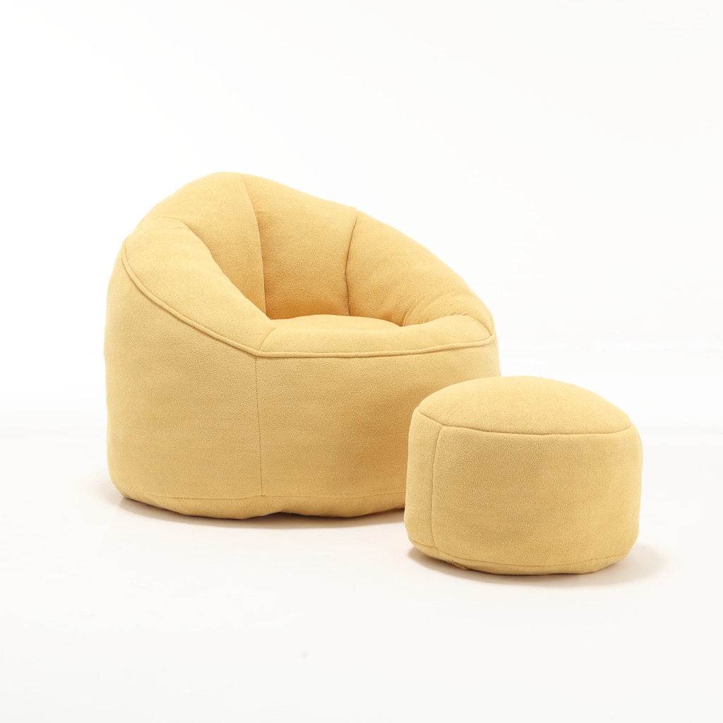 FurnitureR Yellow Microfiber Bean Bag Chair with Ottoman, Foam Filled Lazy Sofa Chair for Bedroom