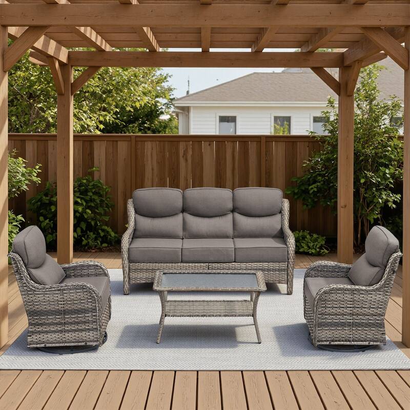Arcadia 4-Piece Wicker Patio Conversation Set with Swivel Gliders and 6-Inch Thick Olefin Cushions