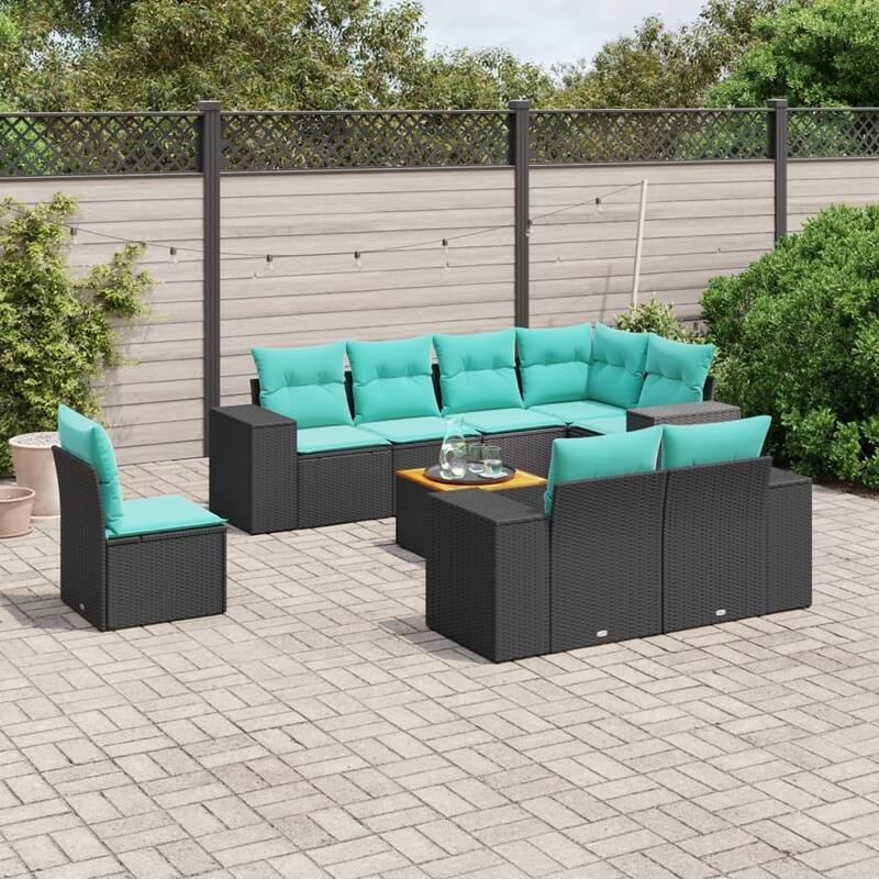 vidaXL 9 Piece Patio Sofa Set with Cushions Black Poly Rattan - 24.4 x 24.4 x 27.2 - Black-3x middle+ corner + table