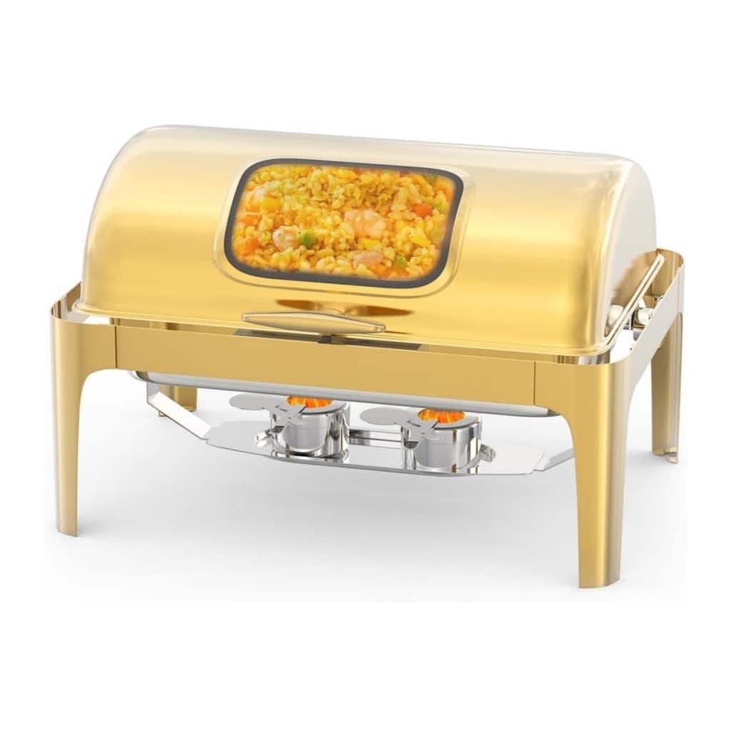 9QT Roll Top Chafing Dish for Buffet Retangle Food Warmer Server with Visible Lid Water Pan Stand Fuel Holder Clip - 9L