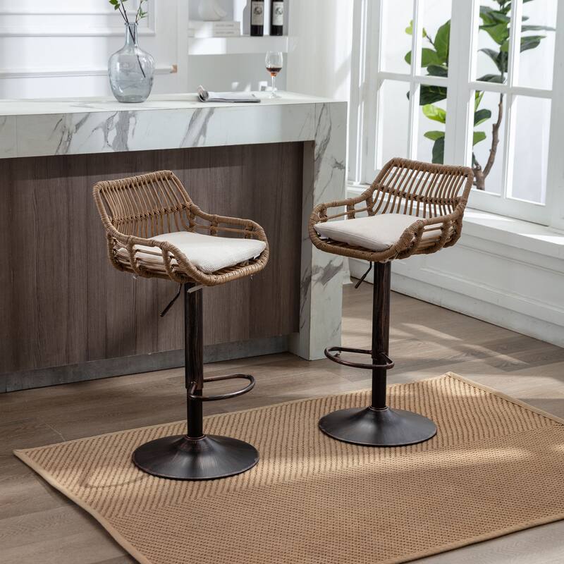 360° Swivel Bar Stools Set of 2, Adjustable Counter Height Chairs with Footrest, Rattan Bar Chairs with Cushions
