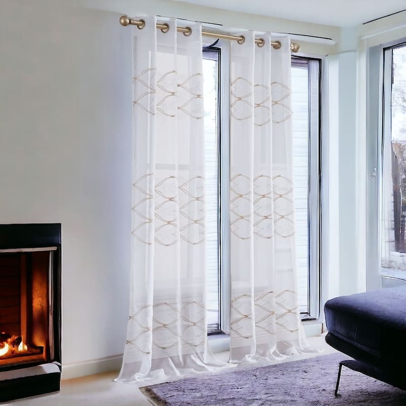 HomeRoots Set of Two 96" Gold and White SemiSheer Curtains - 96" x 76"