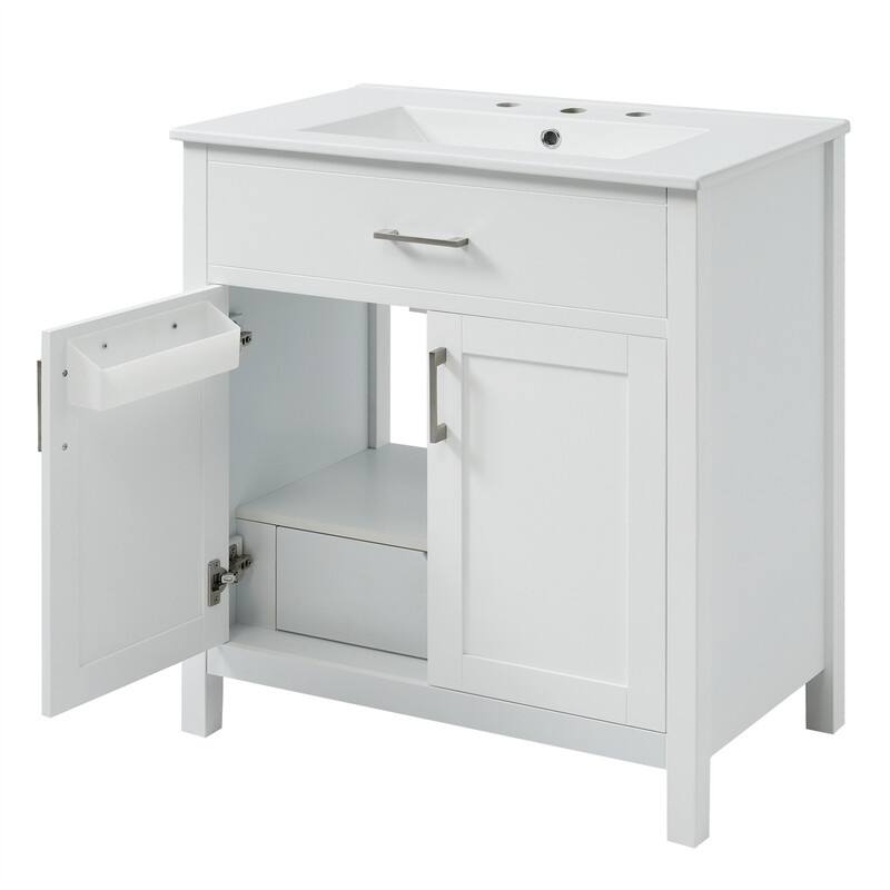 30'' Bathroom Vanity with Ceramic Sink Top, Bathroom Storage Cabinet with 2 Soft Close Doors, 1 Storage Shelf and Drawer
