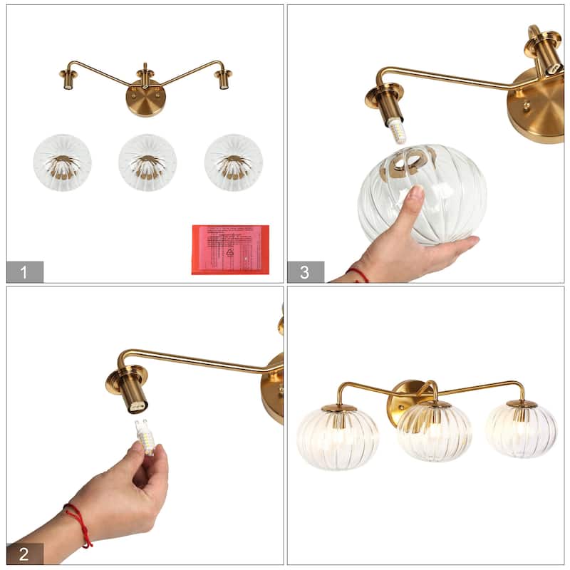 Modern Gold 3-Light Linear Bathroom Vanity Light Globe Glass Wall Sconces - L23.6" x H6.5"