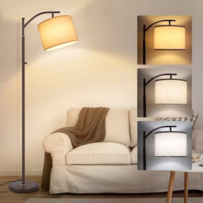 63" Arched Floor Lamp Brown Linen Fabric Lamp Shade for Living Room - N/A