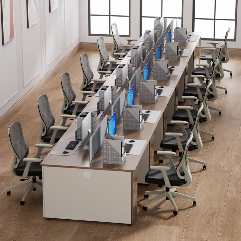 12 Person Attachable Workstation Desks with Chairs Combination - Main Desk + 5 Continuing Desk + 12 Chairs