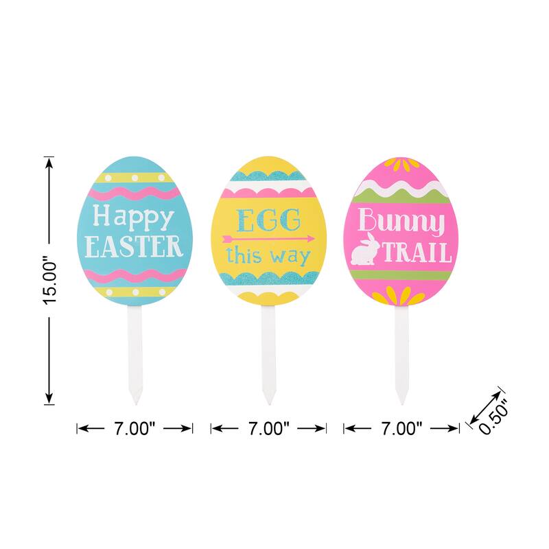 Glitzhome Set of 3 Easter Eggs Wooden Sign Yard Stakes