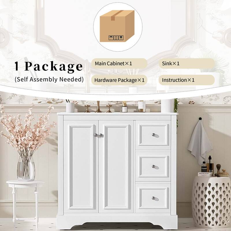 36" Transitional Bathroom Vanity with Ceramic Sink - 2 Soft-Close Doors, 3 Drawers (1 Divided), U-Shaped Shelf, Painted Finish