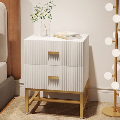 2-Drawer Nightstand, Large White Gold Bedside Table with Storage