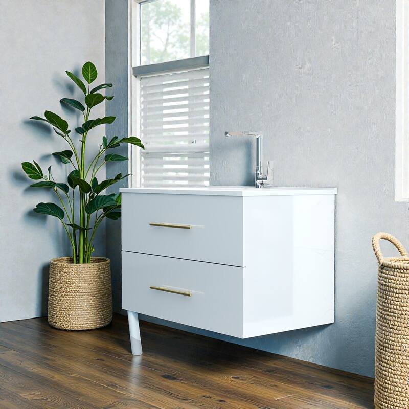 30" Gloss Wall-Mounted Bathroom Vanity with Integrated Ceramic Sink, Double Drawers & Long Metal Handle for Modern Bathrooms