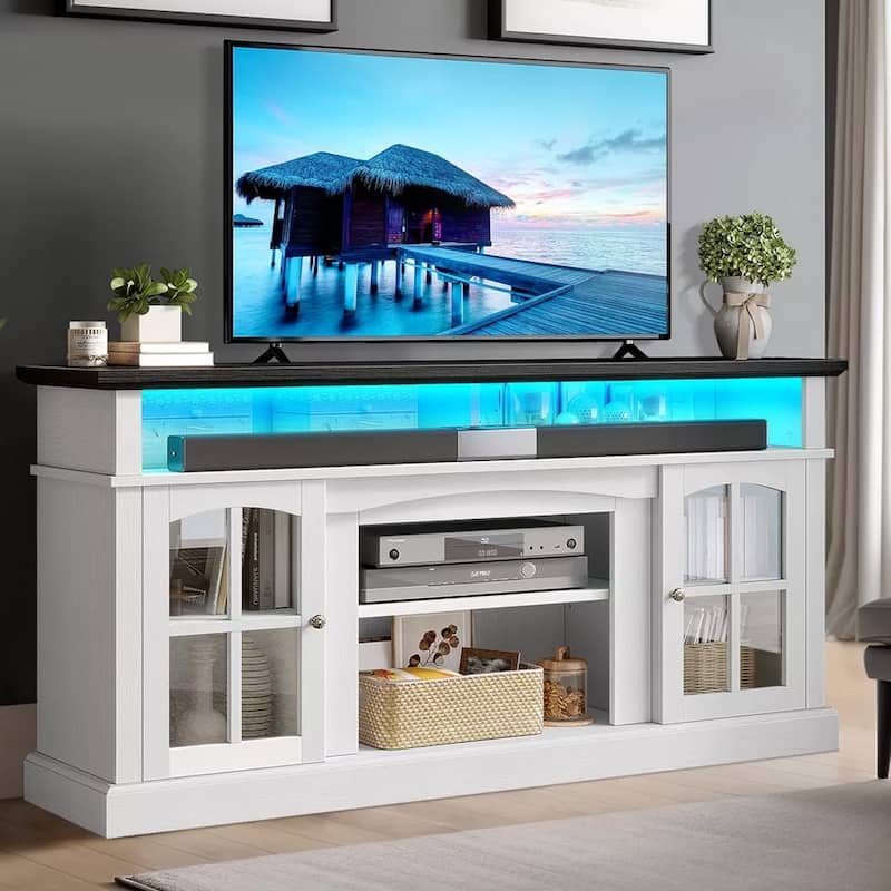 Farmhouse LED TV 65.7" Stand with Power Outlets White & Black - 65 inches
