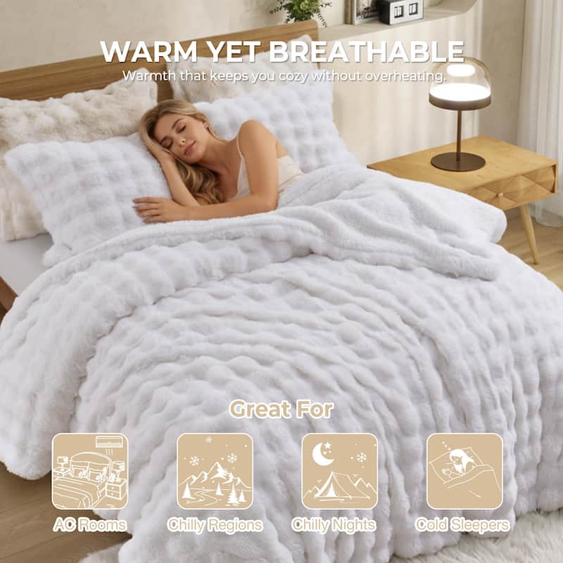 3 Pieces Fluffy Faux Rabbit Fur Comforter Set, Plush Fuzzy Bedding Set for Winter