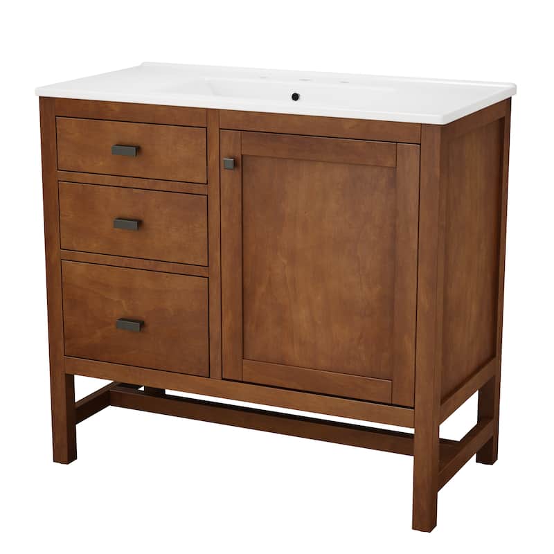 Christopher Knight Home - Modern 36" Freestanding Bathroom Vanity with Ceramic Sink, Dual Drawers, Flip-Up Storage - 36"W