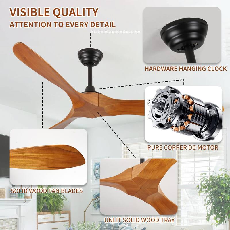 60 Inch wood Ceiling Fan No Light Without Lights for Patios Bedroom Living Room Indoor Outside Reversible ETL DC Motor
