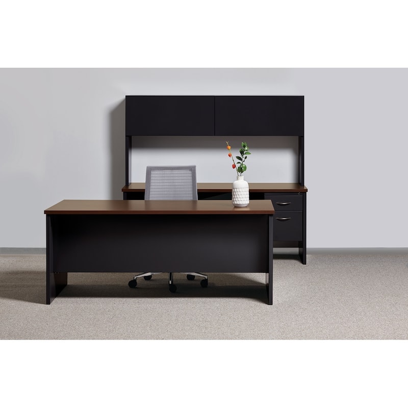 Hirsh Executive Office Modular Double Pedestal File Office Desk, 36 inch D x 72 inch W, Black / Walnut