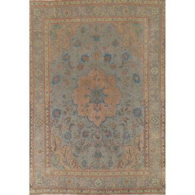 Floral Green Tabriz Persian Vintage Area Rug Hand-Knotted Wool Carpet - 9'7"x 12'11"